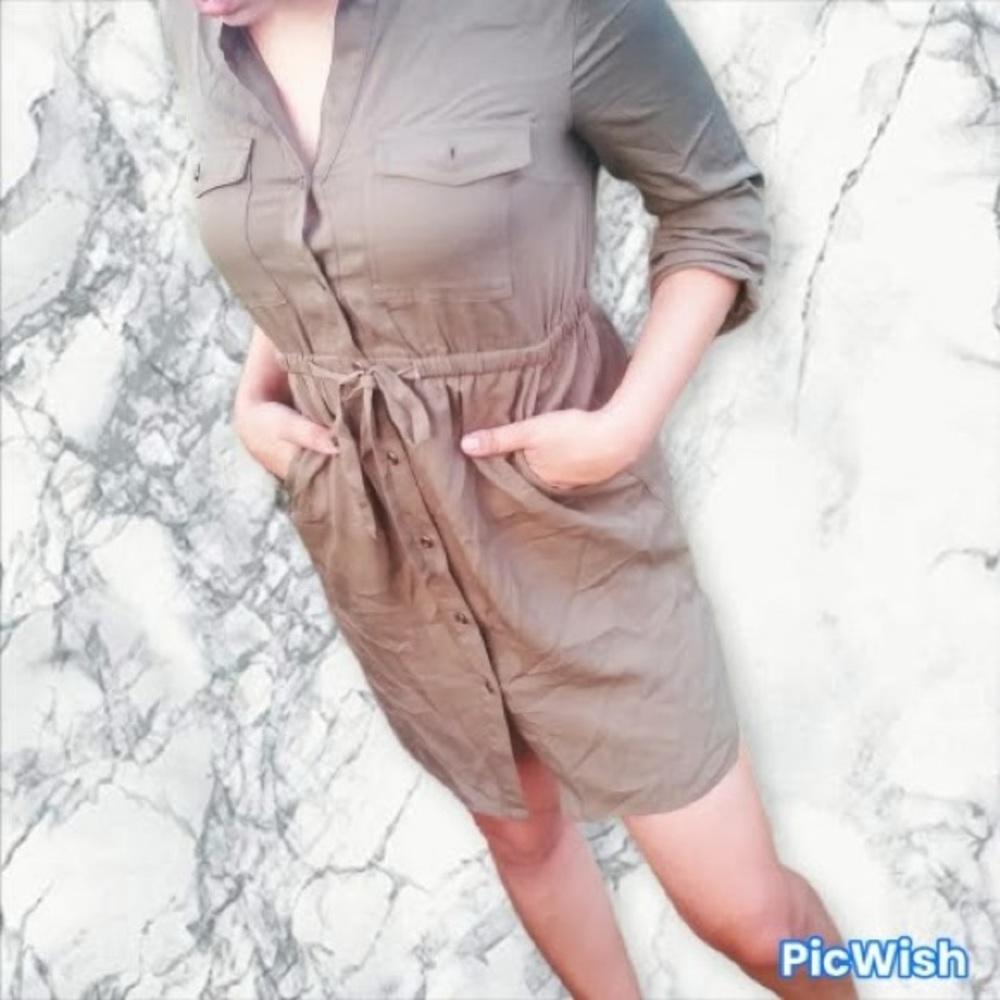 Old Navy Olive Button-Front Drawstring Shirt Dress